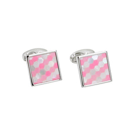 Pink Crystal Mosaic Cufflinks with a pink and white hexagonal design outlined in silver, creating an artful elegance.