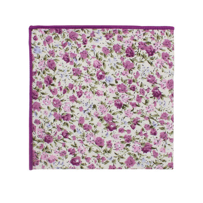 A pocket square with timeless appeal, showcasing pink and purple blush blooms on a fresh white backdrop from the Pink Roses Floral Cotton Skinny Tie and Pocket Square Set.