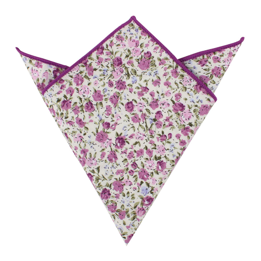 Pink Roses Floral Cotton Skinny Tie and Pocket Square Set, featuring a design of pink and purple flowers on a white background with perennial charm.