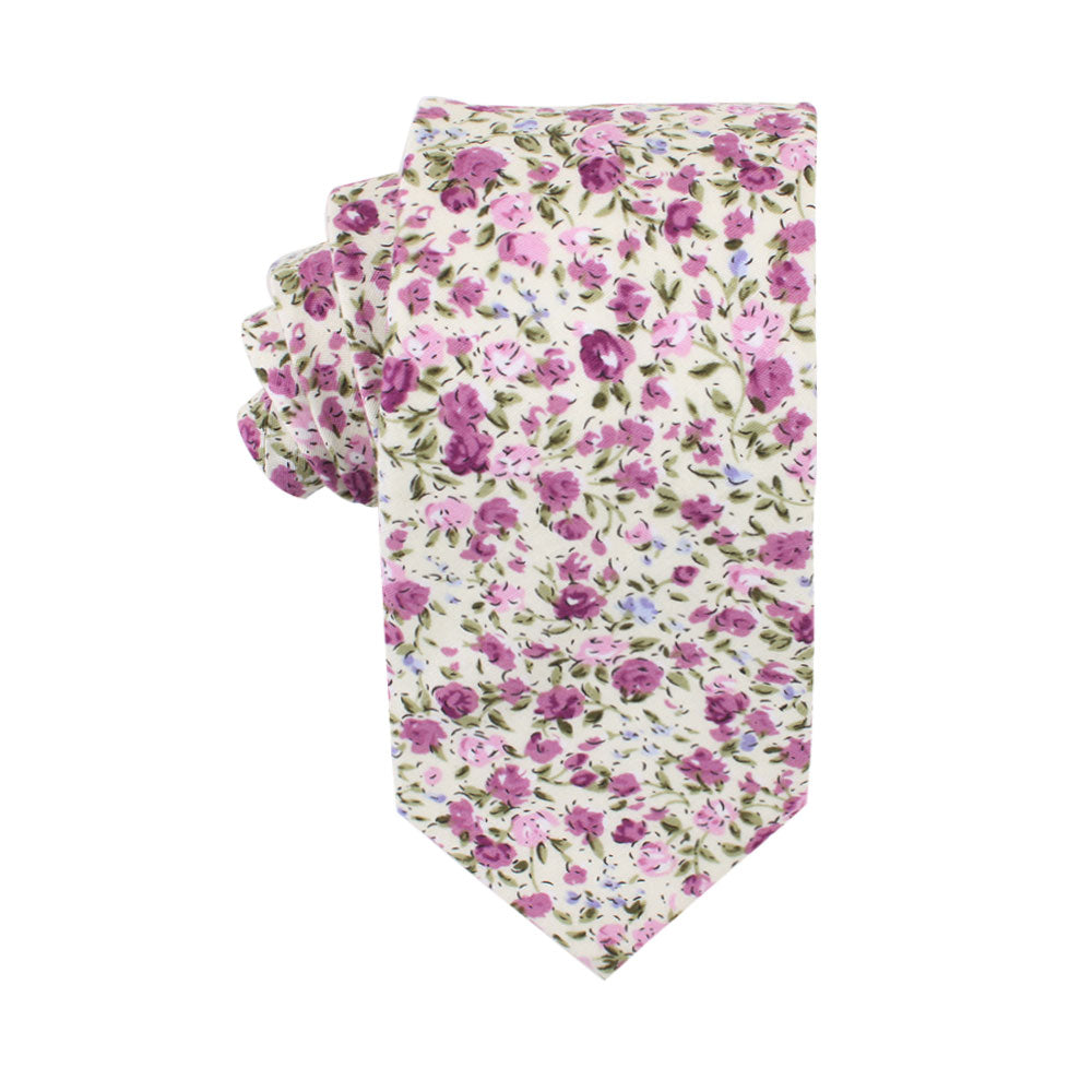 White tie with blush blooms, featuring the pink and purple floral elegance of the Pink Roses Floral Cotton Skinny Tie and Pocket Square Set.