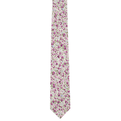 A Pink Roses Floral Cotton Skinny Tie and Pocket Square Set adorned with blush blooms on a white background exudes timeless charm.