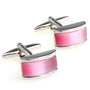 A pair of Pink Stone Cufflinks, exuding rosy elegance with a curved pink inlay set against a silver frame, complete with T-bar fastening mechanisms.