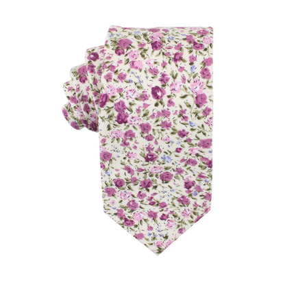 White tie with blush blooms, featuring the pink and purple floral elegance of the Pink Roses Floral Cotton Skinny Tie and Pocket Square Set.