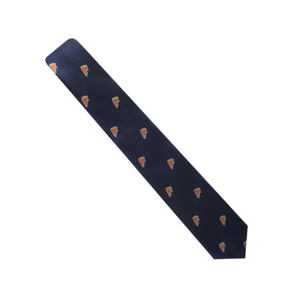 A navy blue Pizza Lover Tie with a repeating pattern of small, detailed pizza slices, offering an essential touch of savory style.