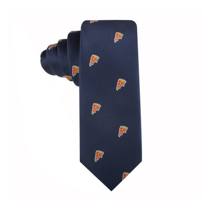 A Pizza Thin Tie with a pattern of small, repeating pizza slice illustrations, adding a touch of savory style to your essential wardrobe pieces.