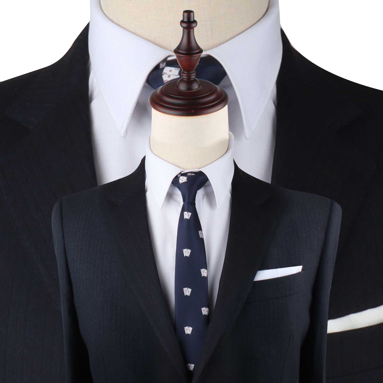 Mannequins dressed in formal attire: one in a white dress shirt and dark suit with a Poker Cards Slim Tie, and another focused closely on a white dress shirt collar with a dark suit. Elevate your style with these polished looks that make an impression.