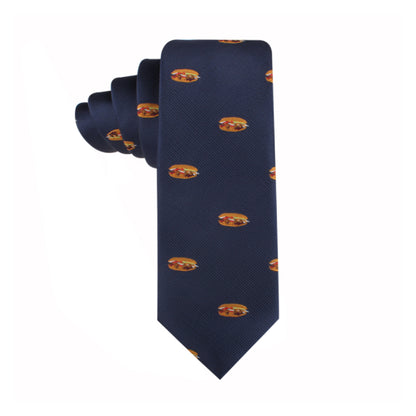 A Pork Roll Necktie, featuring a blue background with a repeating pattern of small colorful crests, brings a touch of modern charm.