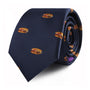 A rolled-up Pork Roll Slim Tie in navy blue, featuring a playful pattern of small hamburger images scattered across the fabric, adding a touch of modern charm inspired by comfort food.