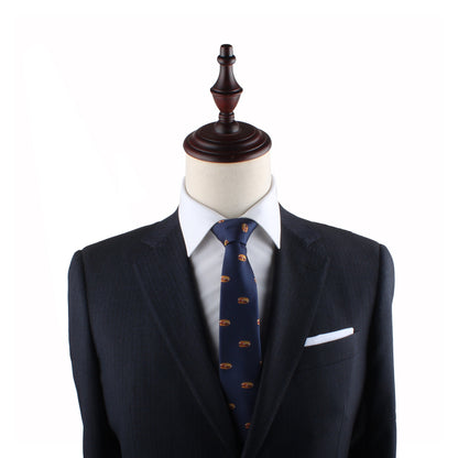 A mannequin exudes modern charm, dressed in a dark suit jacket, white shirt, and a stylish Pork Roll Thin Tie against a plain white background.