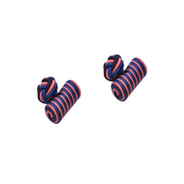 The Purple, Blue & Pink Barrel Cufflinks feature two sets of pink and navy striped cylindrical bars connected by knotted fabric, offering an elegant finish that embodies a harmony of hues.