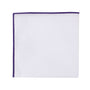 The Purple Edge White Pocket Square is displayed against a plain background, exuding regal vibes with its white fabric and elegant purple-edged border.