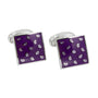 A pair of **Tear Drop Purple Cufflinks** exuding elegance, with square, purple faces adorned with small, white paisley patterns.