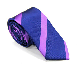 The Navy Purple Stripe Skinny Tie features diagonal purple and blue stripes on a white background, making it a perfect men's formal accessory.
