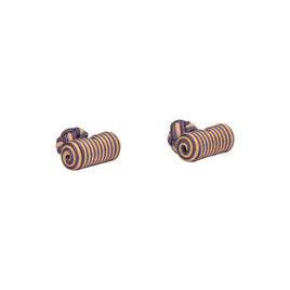 Two small statement objects with purple and beige stripes rest on a white background. These Purple & White Barrel Cufflinks by AusCufflinks bring sophistication to any outfit.