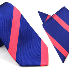 Navy Reddish Pink Stripe Business Tie & Pocket Square Set