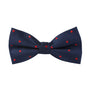 The Red Polka Dot Bow Tie, featuring bold red polka dots on a navy blue background, adds a fiery look to any outfit.