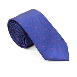 The Navy Red Polka Dot Business Tie & Pocket Square Set features a navy design with small red polka dots, rolled neatly on a white background and complements the included pocket square for a sophisticated look.