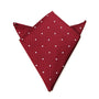 Introducing the Red White Polka Dot Pocket Square, a folded accessory adorned with cheerful polka dots on a crisp white background—perfect for adding a touch of holiday style.