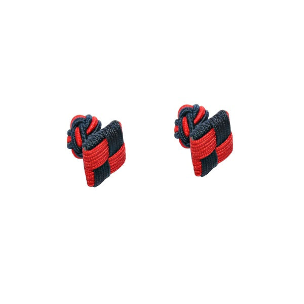 The Red & Navy Blue Square Cufflinks boast a striking red and navy woven design on a pristine white background, perfect for any modern gentleman’s collection.