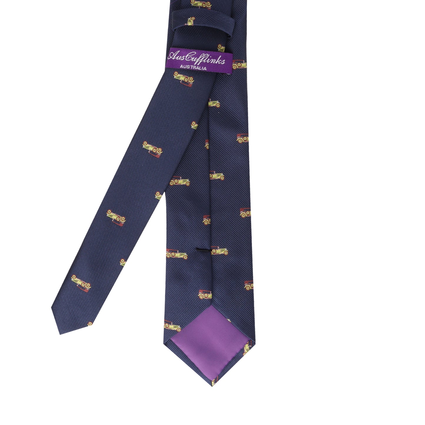 A Retro Car Tie with a purple and yellow vintage class design on it.