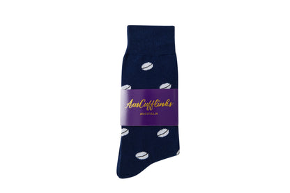 Rugby socks with a sporty white feather pattern and a purple label that reads "austen & links australia.
