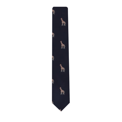 The Safari Print Tie, designed in navy blue with a pattern of small, light brown giraffes, adds a touch of safari sophistication.