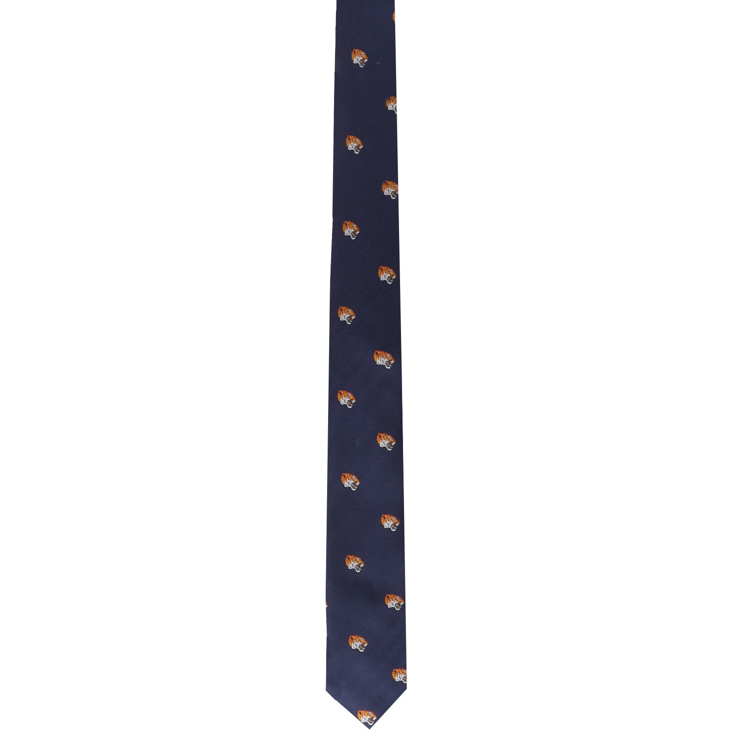 Introducing the Tiger Skinny Tie, a bold fashion statement with its navy blue color and a pattern of small orange and white tiger heads. Perfect for those who embrace daring styles.