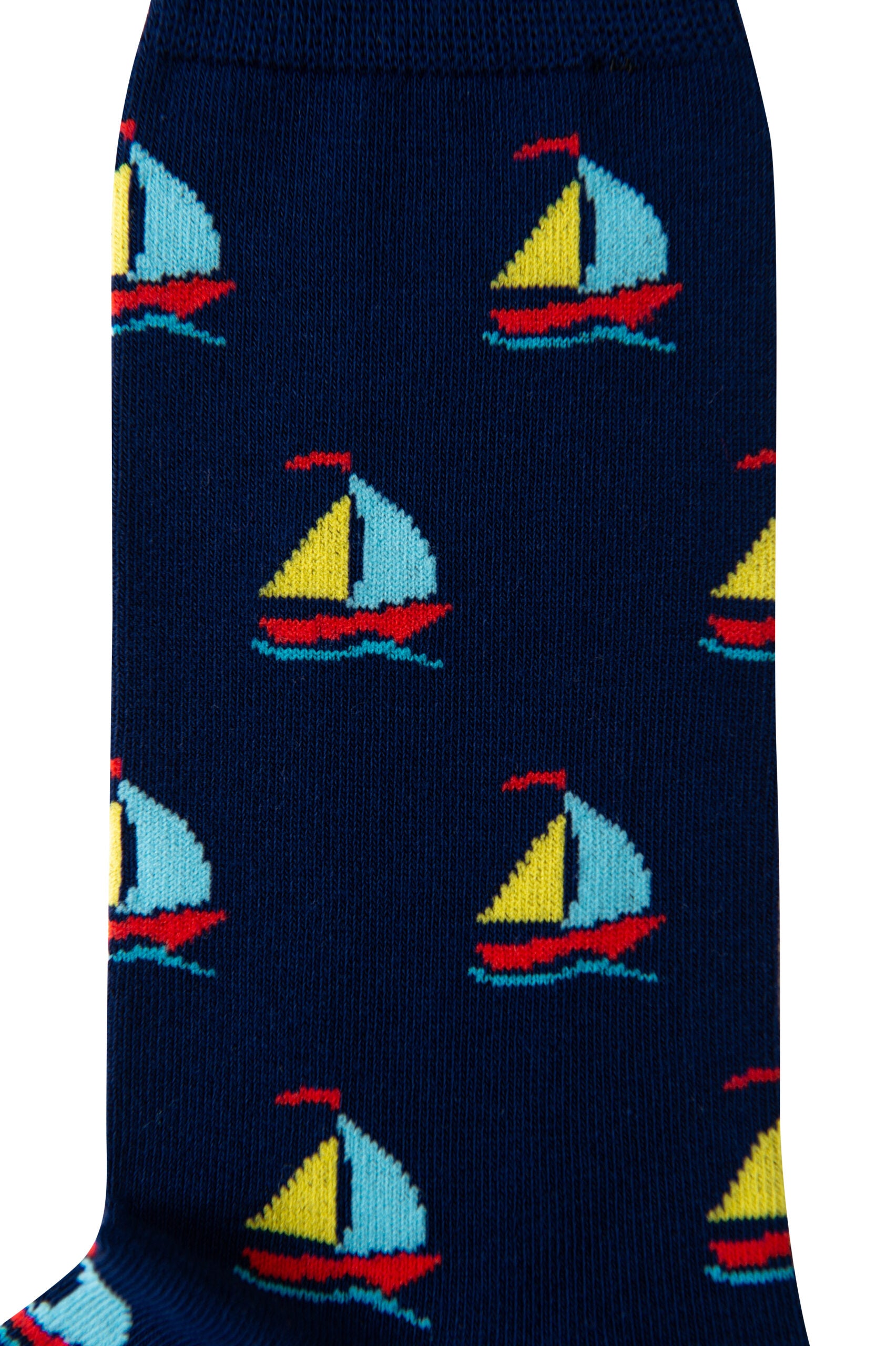 Close-up of the dark blue Sail Boat Socks featuring a repeated pattern of small, colorful sailboats, evoking the comfort one feels while sailing on gentle waves.