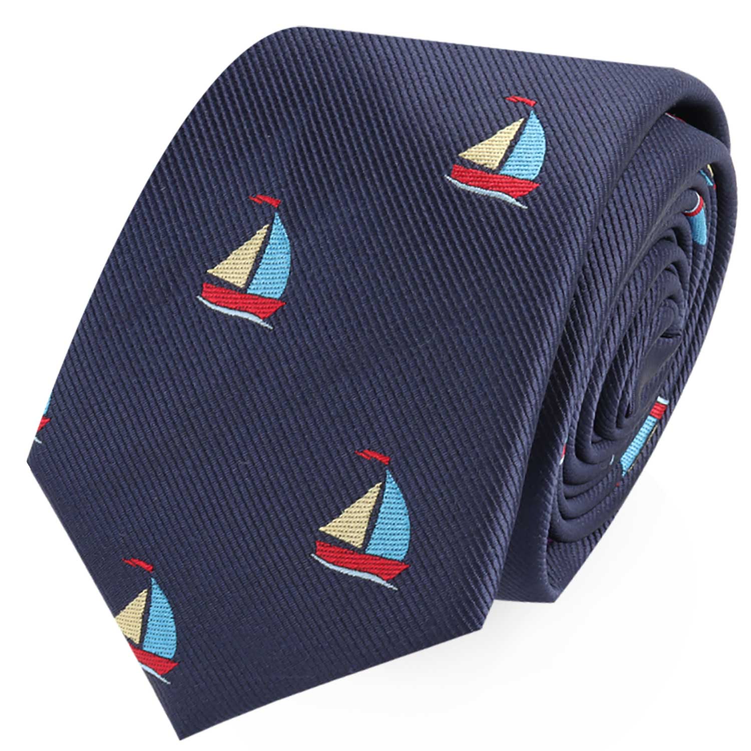 The Sail Boat Skinny Tie is navy blue with embroidered sailboats in blue, yellow, and red, perfect for adding a touch of nautical style.