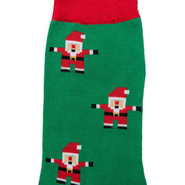 Santa Socks are green with a red toe, heel, and cuff, featuring a pattern of pixelated Santa Claus figures. They're perfect for spreading holiday cheer and giving your festive feet some seasonal flair.