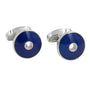 A pair of Sapphire Blue Cufflinks featuring deep blue enamel circular inlays and small central holes, exuding an elegant touch.