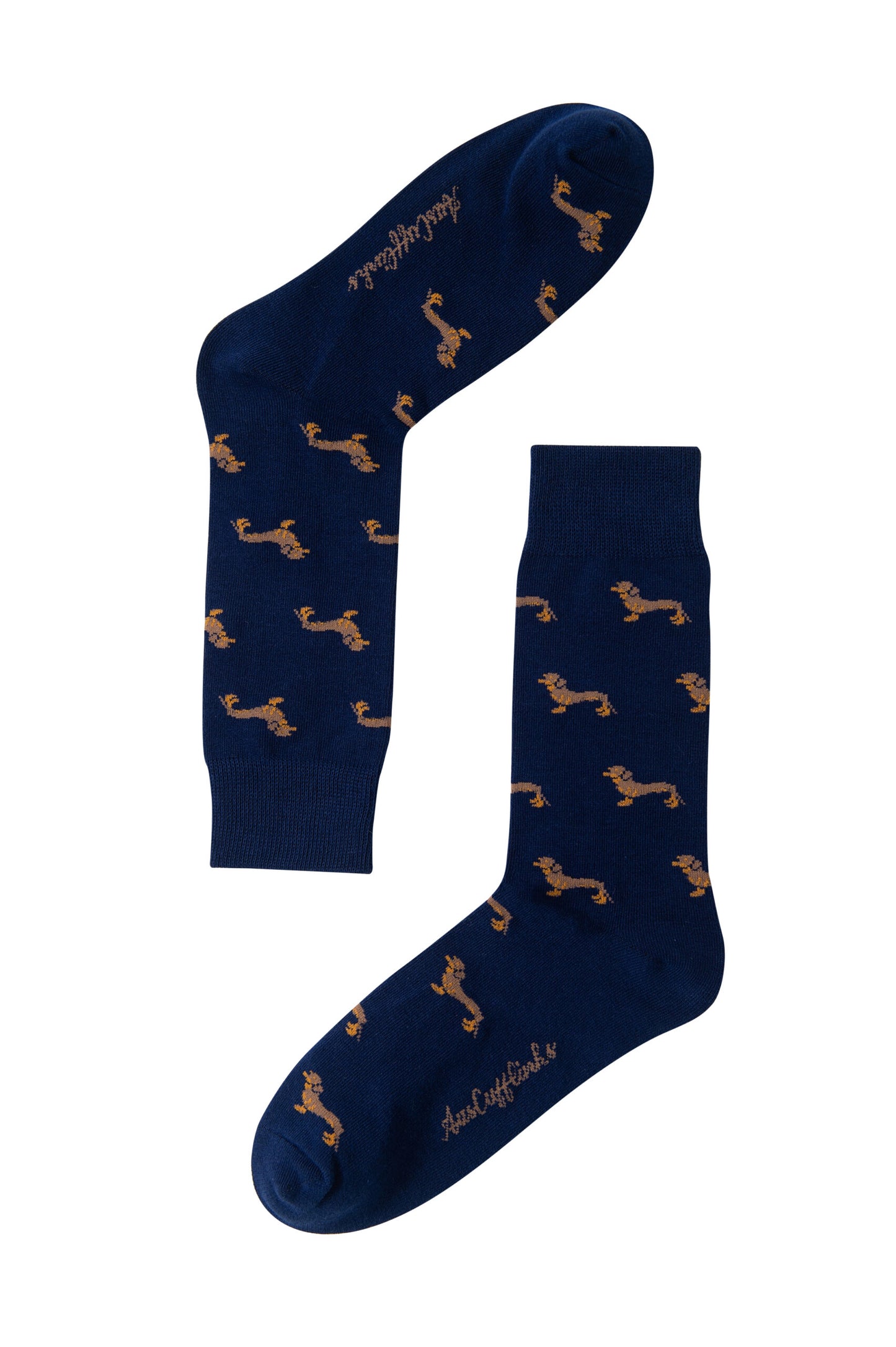 Introducing the Sausage Dog Socks, a pair of navy blue socks featuring a whimsical golden canine pattern and scripted text near the cuff reading "Happy Socks," adding a touch of quirky charm.