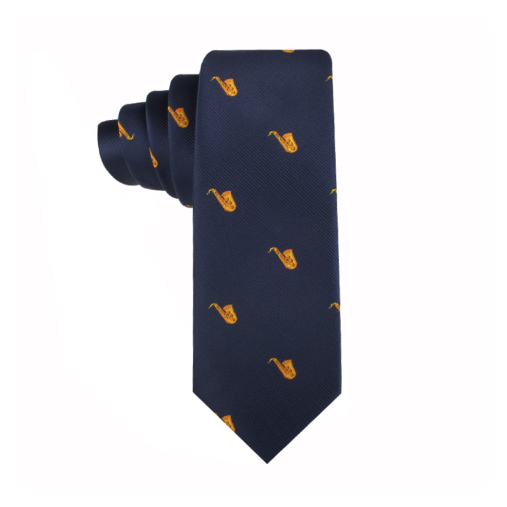 Redefine your style with this navy blue Saxophone Necktie featuring a musical elegance saxophone pattern.