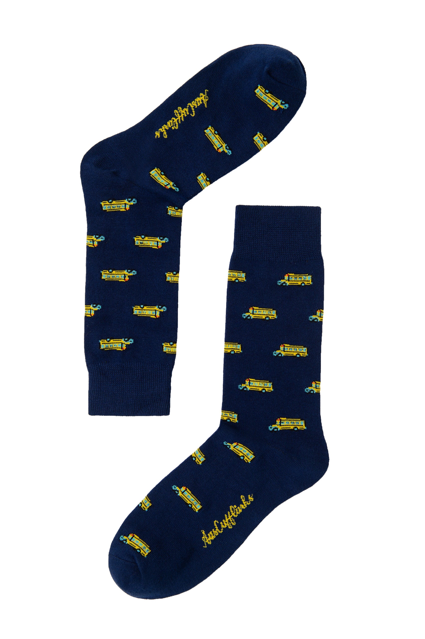 A pair of dark blue School Bus Socks with a repeating yellow school bus pattern and the text "bad mother" on the soles, evoking a sense of nostalgia with every step.