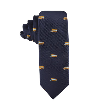 School Bus Thin Tie with a pattern of small yellow and brown rectangular logos, displayed against a white background.