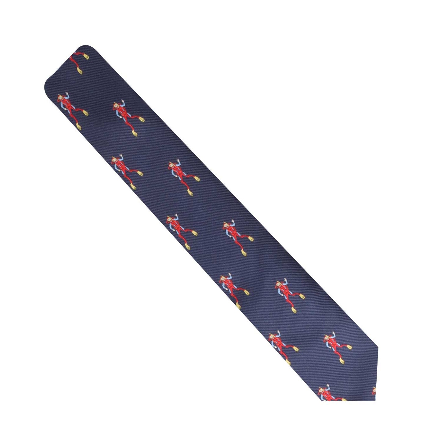 The Scuba Diver Thin Tie, featuring a navy blue background adorned with red and yellow figures engaged in underwater adventures, exudes an air of stylish intrigue.