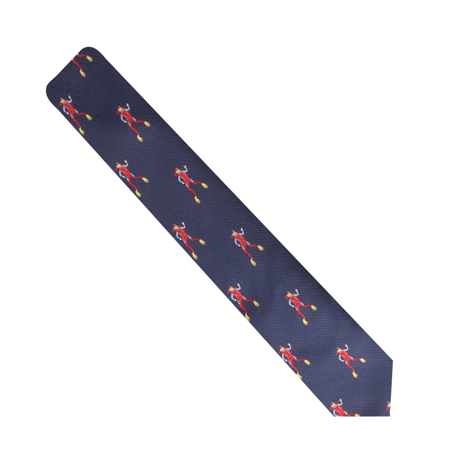 The Scuba Diver Thin Tie, featuring a navy blue background adorned with red and yellow figures engaged in underwater adventures, exudes an air of stylish intrigue.