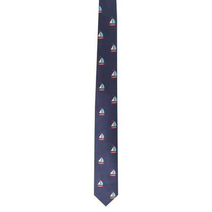 The Sea Lover Tie features a navy background adorned with small sailboat patterns in red, white, and blue that are evenly spaced along its length, making it the perfect accessory for anyone looking to embrace a nautical style.