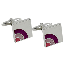 Product: Semi Purple Cufflinks. These square silver cufflinks boast a polished elegance with a sleek geometric design, highlighted by vibrant purple and pink quarter-circle segments in the corners.
