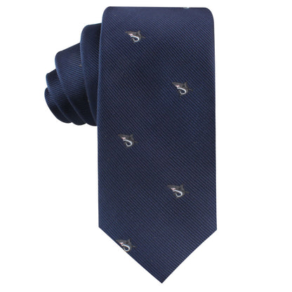 The Great White Shark Skinny Tie in navy blue, featuring small, repeating horse and jockey motifs, exudes elegance and adds an air of intrigue to any ensemble.