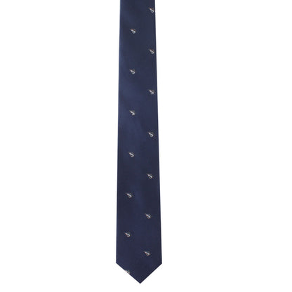 A navy blue Great White Shark Skinny Tie showcasing an elegant arrangement of small white sailboat patterns, evenly spaced to add a touch of intrigue.