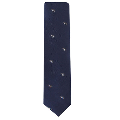 The Great White Shark Skinny Tie is a solid navy blue necktie adorned with small embroidered letters and an elegant white shark motif scattered throughout.