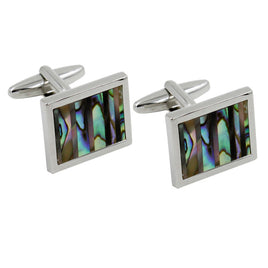 The Shell Stone Cufflinks feature two rectangular pieces with silver frames and iridescent abalone shell inlays, highlighting nature's finesse and elegance.