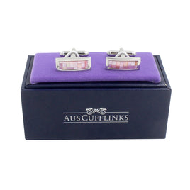 Pink Shell Stone Cufflinks boast a rectangular mosaic of pink and white tiles, set on a purple cushion in an AUSCUFFLINKS box. Perfect for formal occasions, they elevate any outfit with elegance.