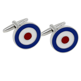 Round silver Shield Cufflinks feature a bold target design with a red center, white middle ring, and blue outer ring. Ideal for formal wear, they echo heraldic emblems in classic style.