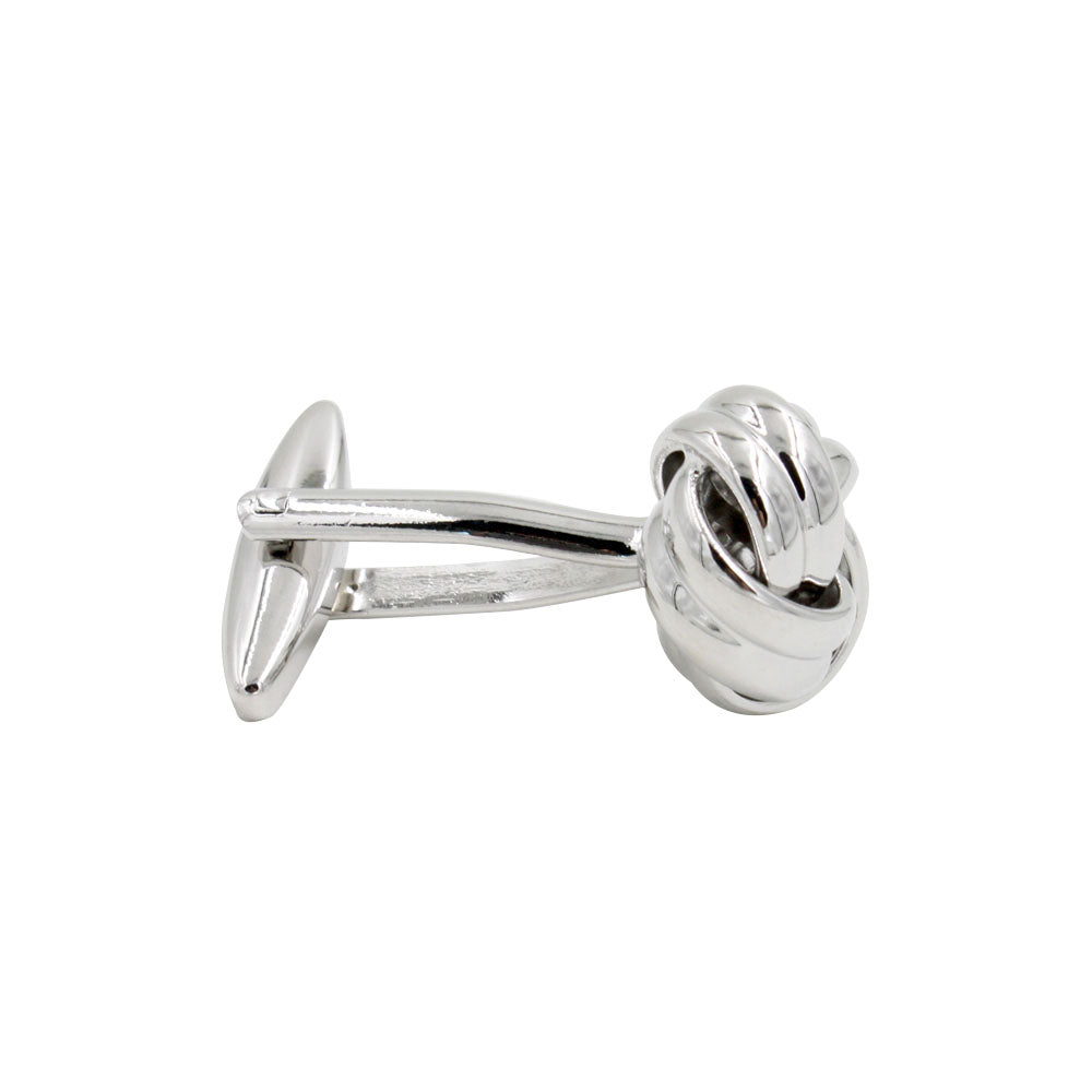 This product description showcases Silver Knot Cufflinks, featuring a single silver cufflink with a sophisticated knot design, perfect for adding a touch of elegance to any outfit.