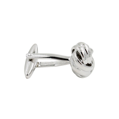 This product description showcases Silver Knot Cufflinks, featuring a single silver cufflink with a sophisticated knot design, perfect for adding a touch of elegance to any outfit.