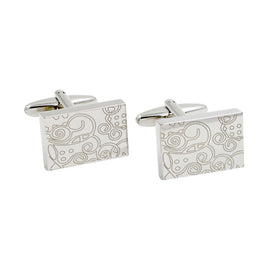Paisley Cufflinks – Sleek & Modern Style for Men: Rectangular silver cufflinks with engraved abstract swirl and dot designs. Classic sophistication with standard toggle backs—an ideal gift for him.