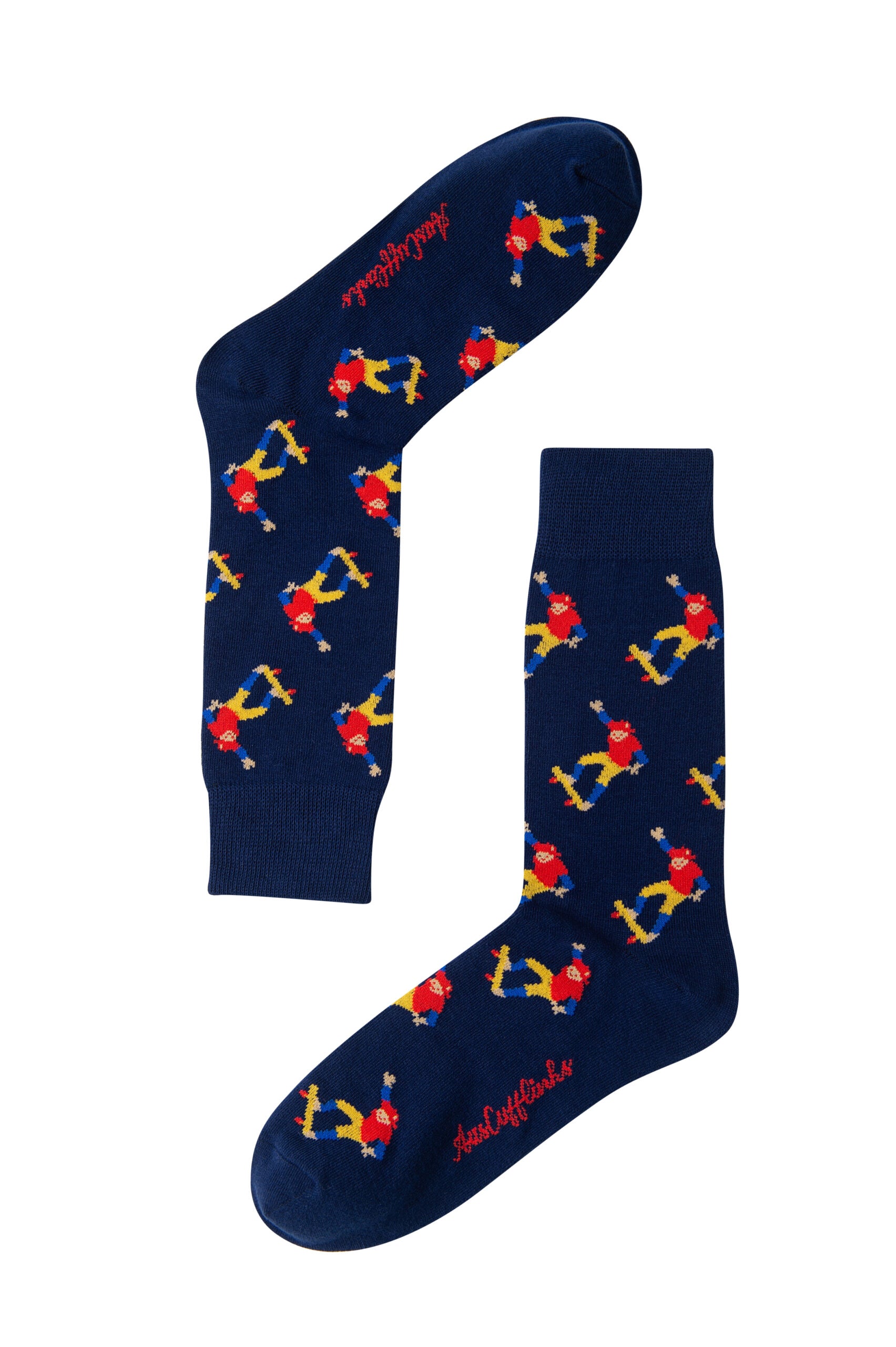 Skateboarder Socks: A pair of blue socks adorned with vibrant red, yellow, and white cartoon character motifs, featuring the text "Jack & Willsocks" on the sole. Experience street-smart comfort with every step.