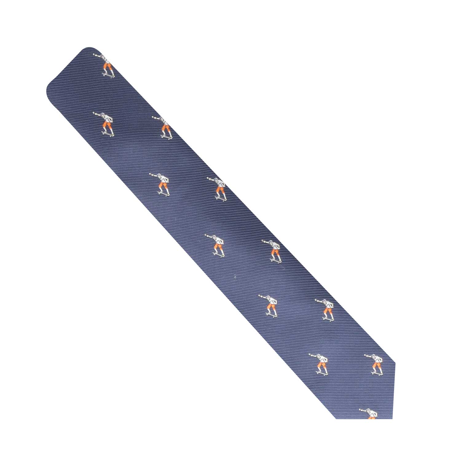 A navy blue necktie featuring a pattern of small skateboarder illustrations, designed to add a touch of flair and confidence to your wardrobe.